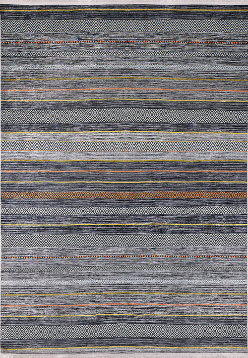 Load image 1 in gallery view. The Metro Lines - Washable Rug - JR1548 showcases gray-anthracite tones with blue, white, and orange horizontal stripes, detailed geometric and zigzag patterns—ideal for high-traffic areas.