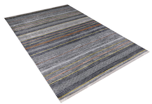 Load image 1 in gallery view. The Metro Lines - Washable Rug - JR1548 is a rectangular, flat-woven gray-anthracite rug with horizontal gray, black, blue, and brown stripes and geometric diamond patterns. Short fringes edge this durable rug—ideal for high-traffic areas.