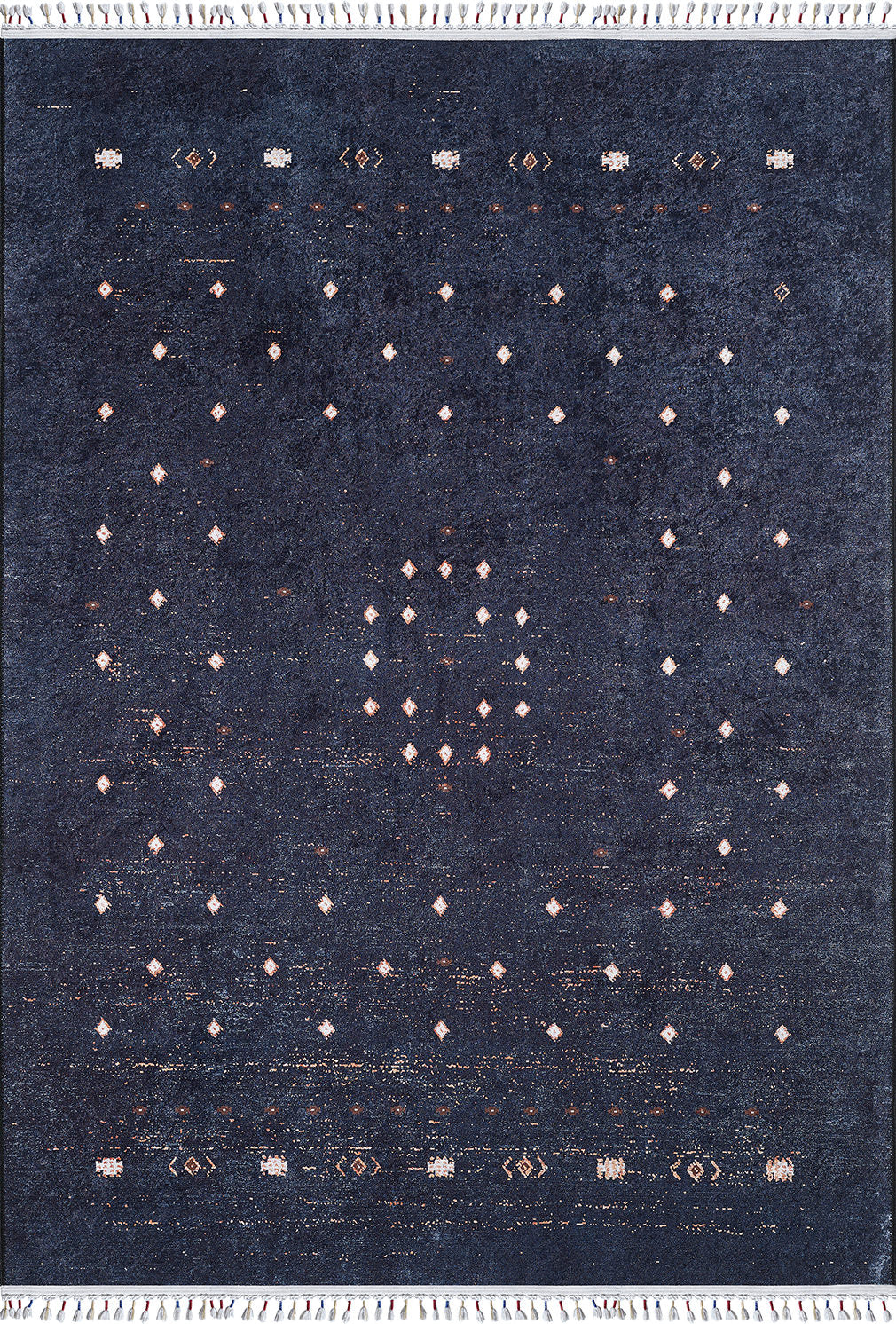 The Midnight Majesty - Machine-Washable Rug (JRS5052) features a dark blue base with small, white diamonds in rows and a central cluster, durable for high-traffic areas, and finished with fringes on the top and bottom edges.