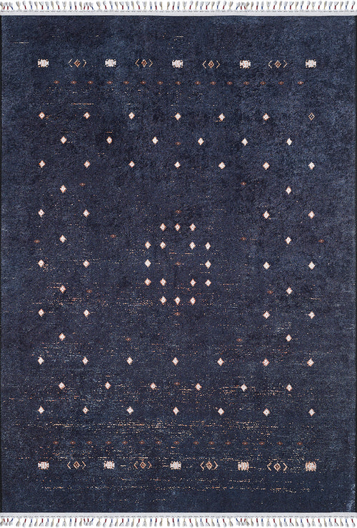 Load image 1 in gallery view. The Midnight Majesty - Machine-Washable Rug (JRS5052) features a dark blue base with small, white diamonds in rows and a central cluster, durable for high-traffic areas, and finished with fringes on the top and bottom edges.