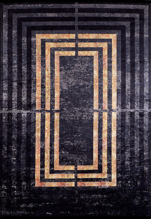 Load image 1 in gallery view. The Minimalist and Clean - Washable Rug - JR1407 is a rectangular black rug with a distressed texture and concentric gold and orange outlines, creating a tunnel-like geometric look—ideal for high-traffic areas.