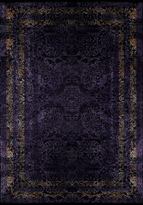 Bild 1 in Galerieansicht laden. The Minimalist and Elegant - Washable Rug - JR1298 is a dark purple rug with gold and lavender symmetrical patterns, scrolls, and floral motifs. Its washable design adds vintage luxury to high-traffic spaces.