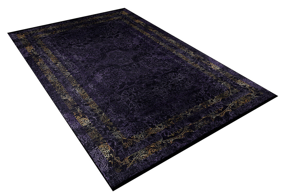 The Minimalist and Elegant - Washable Rug - JR1298 is a large rectangular rug with an intricate dark purple and black pattern, gold and mustard yellow border accents, designed for high-traffic areas. Shown on a white background.