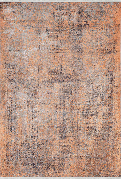 Load image 1 in gallery view. The Modern Mosaic - Machine-Washable Rug JR1846 features an abstract orange design with distressed gray and beige patterns, delivering a textured vintage look. This washable rug is durable, making it ideal for high-traffic areas.