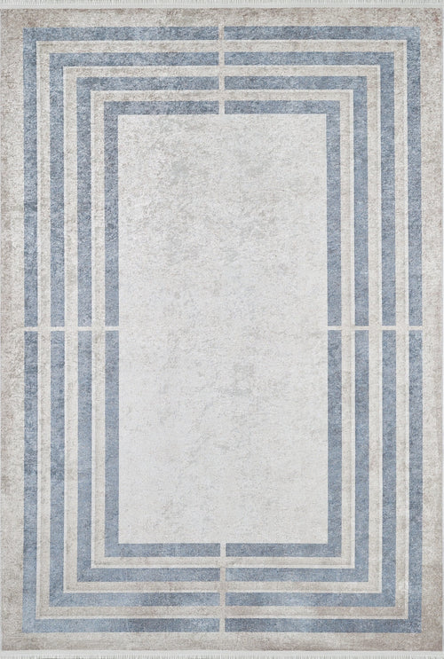 Load image 1 in gallery view. The Modern and Regal - Washable Rug - JR1616 features a geometric border in muted gray and blue, multiple parallel lines framing the center, and a layered modern design with a subtle distressed texture. Rectangular and easy to wash.