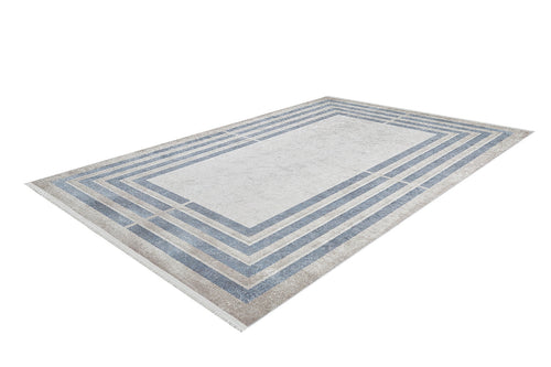 Load image 1 in gallery view. The Modern and Regal - Washable Rug - JR1616 features a rectangular flat weave and minimalist blue and gray striped border on a light background. Displayed on white, it's perfect for modern, allergy-friendly spaces.