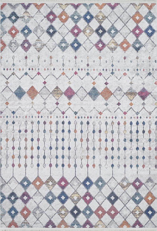 Load image 1 in gallery view. The Moroccan Mosaic - Washable Rug - JR1655 features a symmetrical geometric design with rows of multicolored diamond shapes and dotted lines on a light background, accented in blue, orange, purple, and gold—perfect for high-traffic areas.