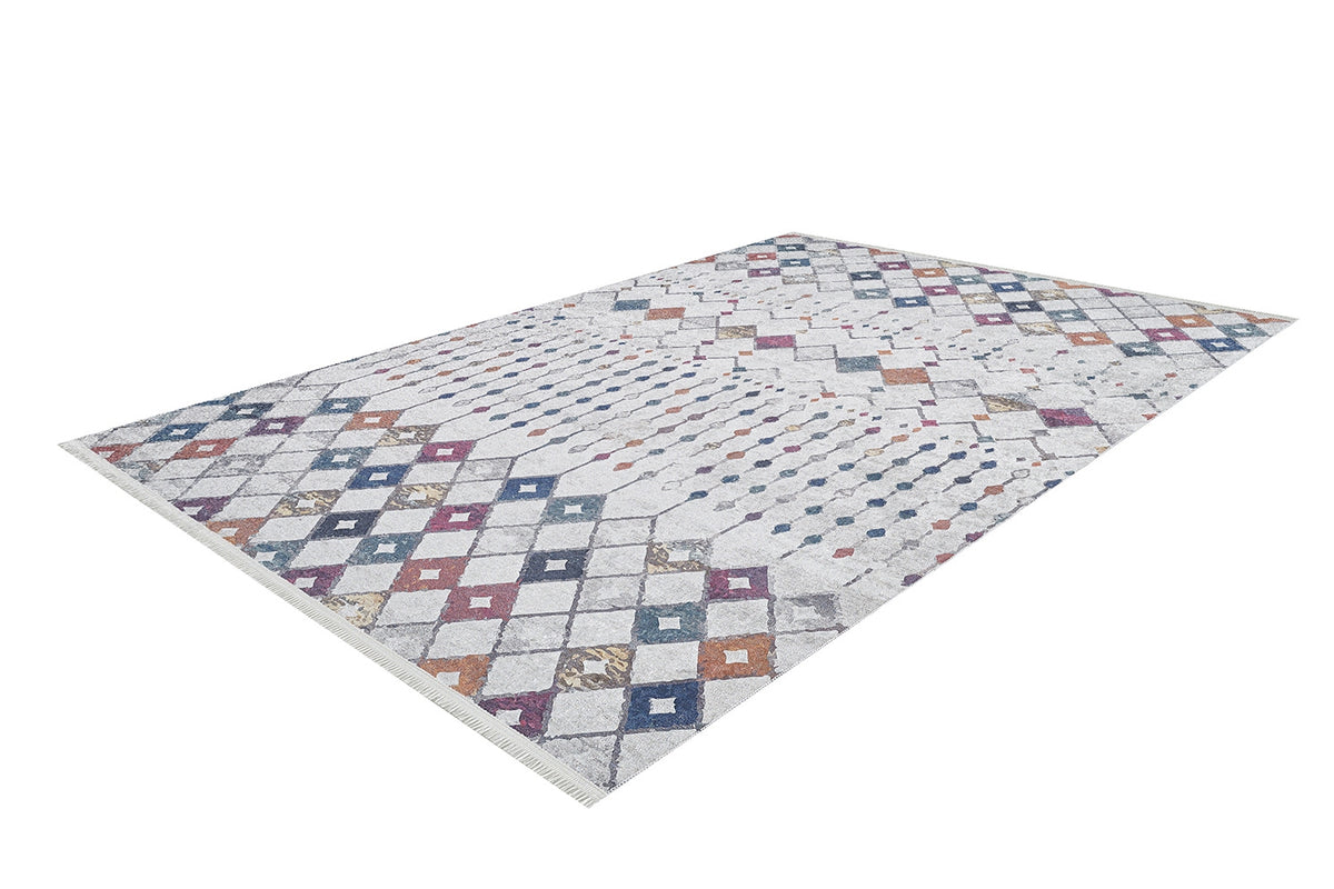 The Moroccan Mosaic - Washable Rug - JR1655 is a rectangular rug with a white background and colorful geometric diamond pattern in blue, purple, orange, and beige—ideal for high-traffic areas. Displayed on a white background.