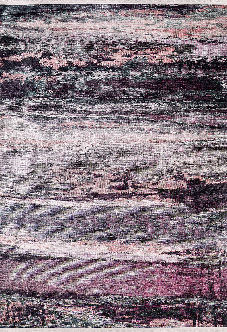 The Natural Brushed - Washable Rug - JR336 features abstract horizontal streaks and textured patterns in muted pink, purple, gray, and white, making it a modern artistic addition ideal for high-traffic areas.
