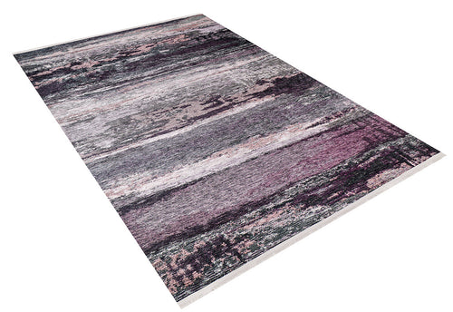 Load image 1 in gallery view. The Natural Brushed - Washable Rug - JR336 is a rectangular purple rug with an abstract gray and black pattern, horizontal streaks, and a modern textured design—ideal for high-traffic areas.
