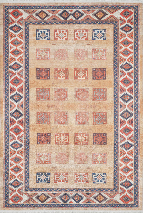 Load image 1 in gallery view. The Navajo Nights - Washable Rug - JR1758 features a beige background with rows of red, blue, and orange geometric squares. Its durable, washable design suits high-traffic areas, and its border highlights repeating red, blue, and white diamond shapes.