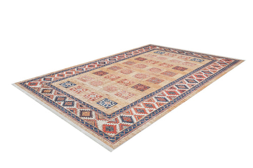 Load image 1 in gallery view. The Navajo Nights - Washable Rug - JR1758 features a rectangular shape with red, blue, and beige geometric patterns, decorative border, and repeating square motifs—ideal for high-traffic areas.