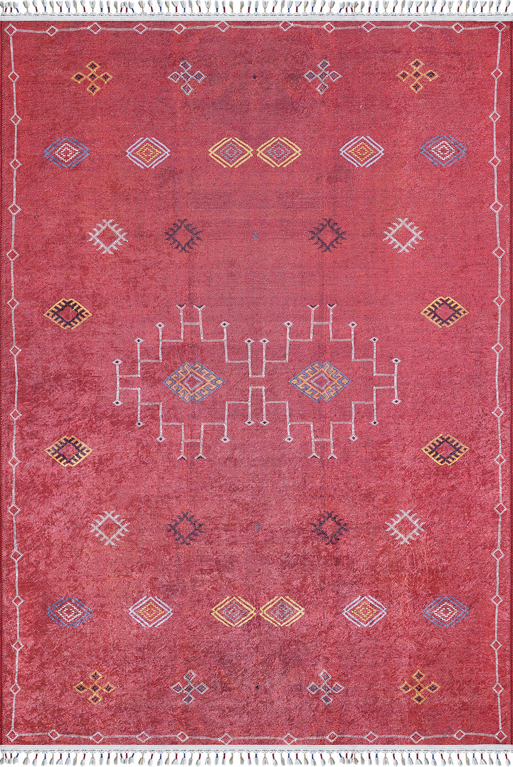 The Nomadic Journey - Washable Rug - JR5080 is a rectangular red rug with a faded background, diamond and linear motifs in yellow, white, pale blue, and white fringe. Perfect for high-traffic areas and easy to clean.