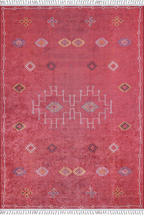 Load image 1 in gallery view. The Nomadic Journey - Washable Rug - JR5080 is a rectangular red rug with a faded background, diamond and linear motifs in yellow, white, pale blue, and white fringe. Perfect for high-traffic areas and easy to clean.