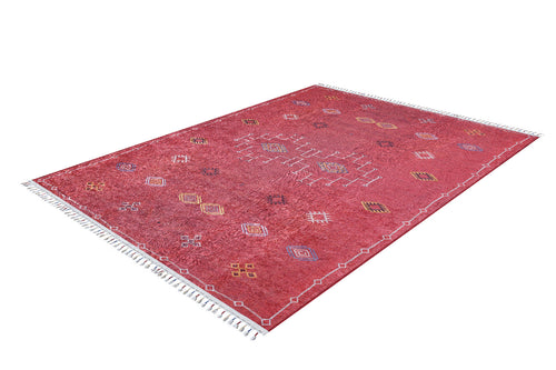 Load image 1 in gallery view. The Nomadic Journey - Washable Rug - JR5080 is a red rectangular rug with multicolor geometric patterns and white fringes on the short ends, shown from above on a white background—perfect for high-traffic areas.