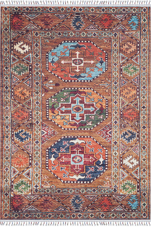 Load image 1 in gallery view. The Nomadic Oasis - Washable Rug - JR5086 is a colorful rectangular flat weave rug with orange, blue, brown, red, and green geometric patterns, three large central medallions, and a detailed motif border.