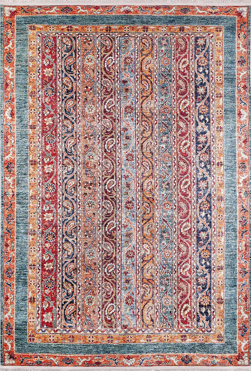 Load image 1 in gallery view. The Old-World Elegance - Washable Rug - JR38 (Outlet) US is a rectangular multicolor rug with red, cream, blue, and gold vertical stripes, detailed floral and paisley motifs, and wide teal, orange, and beige borders—perfect for high-traffic areas.
