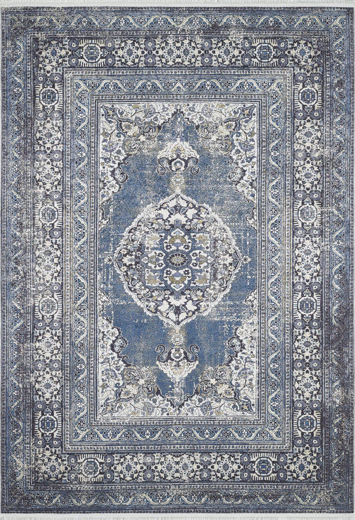 Load image 1 in gallery view. The Opulent Beauty - Washable Rug - JR1932 features a blue, white, and gray distressed medallion design with intricate florals and decorative borders. Its vintage look is perfect for high-traffic spaces and easy to maintain.