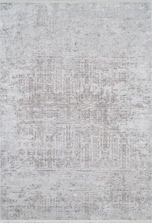 Load image 1 in gallery view. The Opulent Tapestry - Washable Rug - JR1775 is a light gray rug with a subtle geometric pattern in darker grays and beige, offering a faint distressed look—stylish and durable, perfect for high-traffic areas.