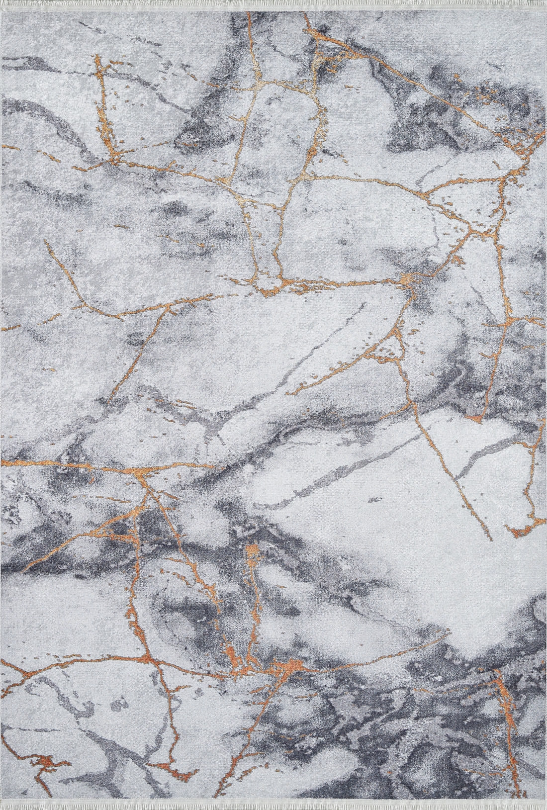 The Opulent Veins - Machine-Washable Rug JR1593 features a rectangular, gray-anthracite marble pattern with gold vein lines for a modern look—durable, washable, and perfect for high-traffic areas.