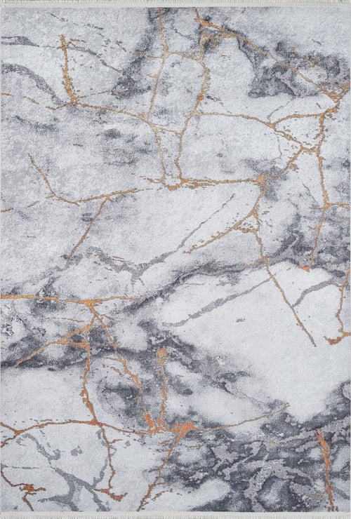 Load image 1 in gallery view. The Opulent Veins - Machine-Washable Rug JR1593 features a rectangular, gray-anthracite marble pattern with gold vein lines for a modern look—durable, washable, and perfect for high-traffic areas.