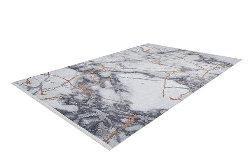 Load image 1 in gallery view. The Opulent Veins - Machine-Washable Rug JR1593 features a rectangular gray-anthracite design with marble-like grey and white patterns, accented by thin gold lines. Ideal for high-traffic areas, it's shown on a white background.