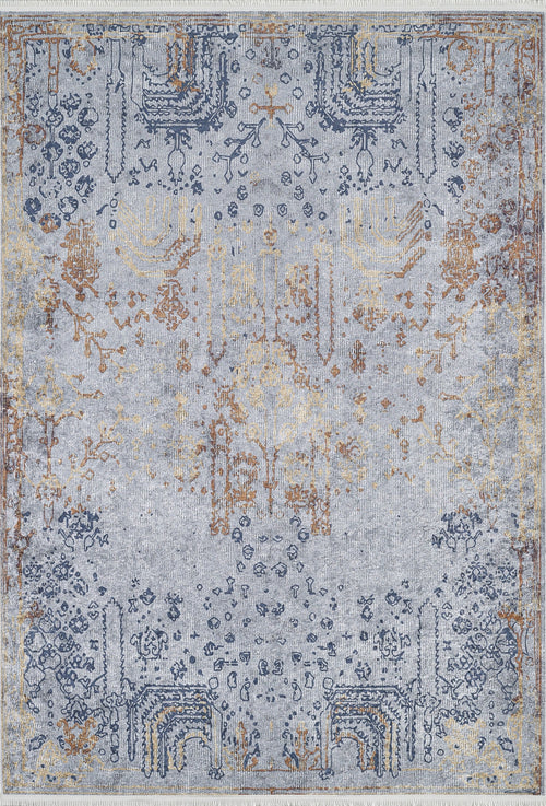Bild 1 in Galerieansicht laden. The Oriental Treasures - Machine-Washable Rug JR1613 features a faded blue, gold, and grey vintage pattern with symmetrical motifs—ideal for allergy-sensitive homes and high-traffic areas.