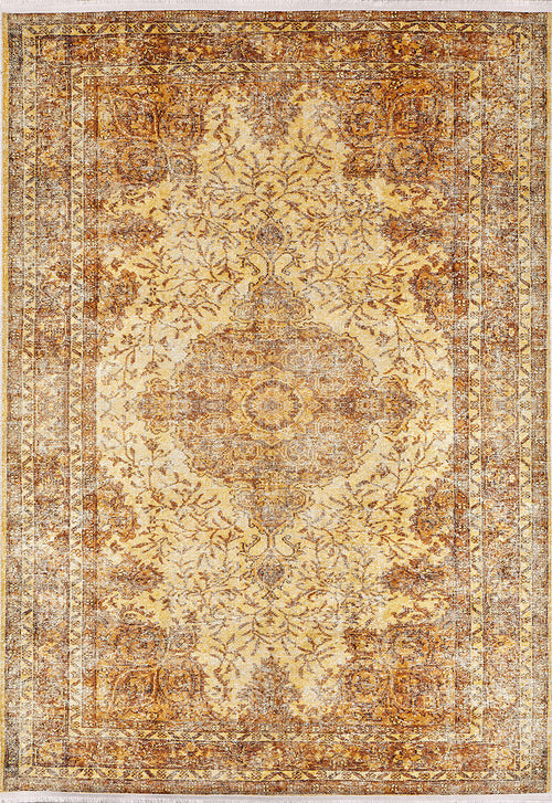 Bild 1 in Galerieansicht laden. The Ornate Beauty JR206 is a washable yellow-gold rug with an intricate floral pattern, central medallion, and decorative borders. Its vintage, distressed look makes it perfect for high-traffic areas.