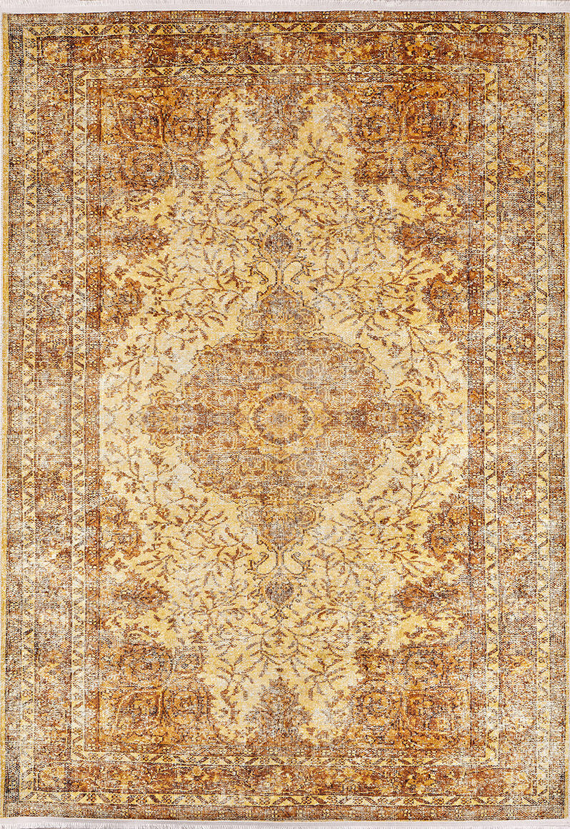 The Ornate Beauty JR206 is a washable yellow-gold rug with an intricate floral pattern, central medallion, and decorative borders. Its vintage, distressed look makes it perfect for high-traffic areas.