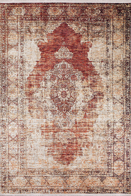 Load image 1 in gallery view. The Ornate Grace - Washable Rug - JR1009 features a vintage-style, distressed look with a large faded red medallion, intricate floral patterns, and a beige-taupe border—ideal for high-traffic areas seeking an antique touch.