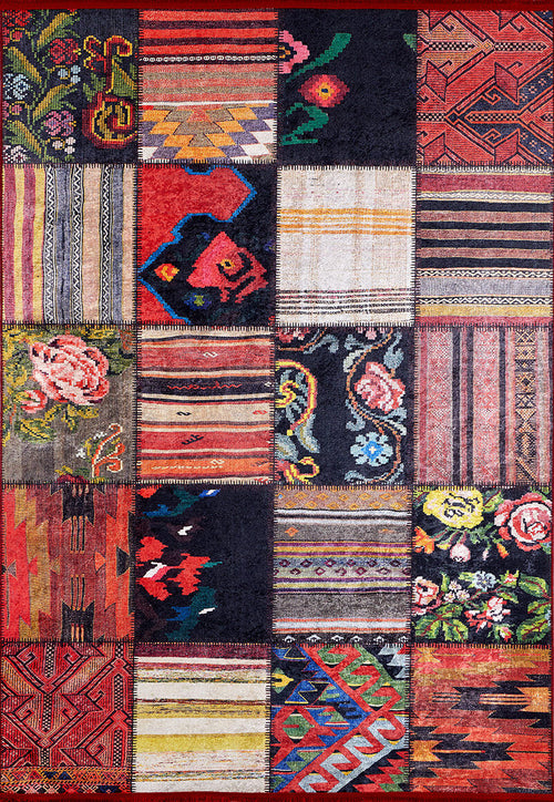 Bild 1 in Galerieansicht laden. The Petal Paradise - Washable Rug - JR315 features a vibrant multicolor patchwork of florals, geometrics, stripes, and abstract motifs. Durable and washable, it’s perfect for high-traffic areas and adds lively character to any room.