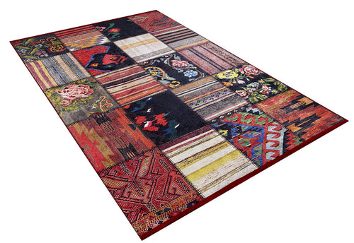 Bild 1 in Galerieansicht laden. The Petal Paradise - Washable Rug - JR315 is a rectangular rug with vibrant multicolor patchwork—floral, geometric, and striped in red, yellow, green, blue, and black—ideal for high-traffic areas.