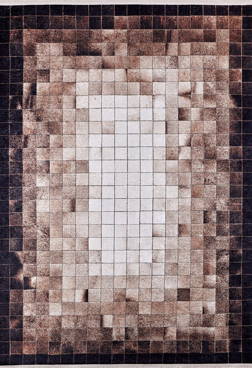 Load image 1 in gallery view. Pinstripe Paradise - Washable Rug (JR1004) features a rectangular grid of small squares in brown and beige tones, creating a bronze-like gradient with a vignette effect. This flat weave rug is washable for easy care.