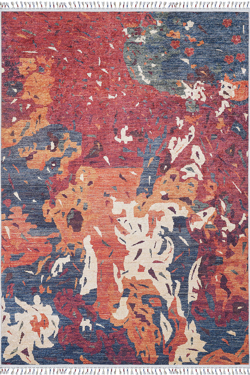 Load image 1 in gallery view. The Psychedelic Splash - Machine-Washable Rug (JR5096) features vibrant red, orange, blue, and cream organic patterns with white fringes—ideal for high-traffic areas.