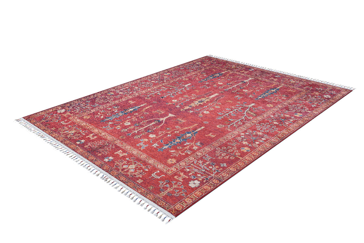 The Psychedelic Splash - Machine-Washable Rug (JR5096) is a rectangular red rug with blue, gold, and cream patterns, fringed on the short sides. Perfect for high-traffic areas and shown against a white background.