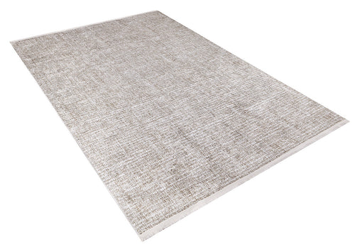 Load image 1 in gallery view. The Pure Bliss - Washable Rug - JR745 (Outlet) US is a rectangular beige and gray textured area rug with a subtle pattern, shown on a white background. It has short fringe on the ends and is ideal for high-traffic areas.