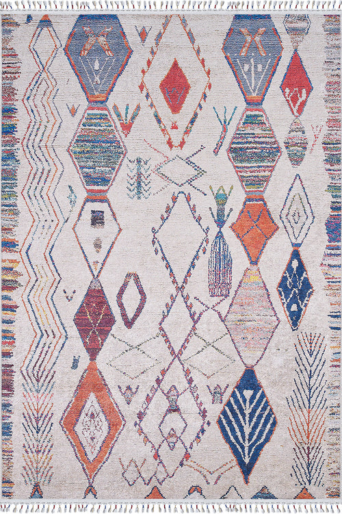Bild 1 in Galerieansicht laden. The Rainbow Rhapsody - Washable Rug - JR5060 features a flat weave with multicolored abstract shapes, diamonds, and lines on a light beige background. Allergy-friendly and stylish, it has blue, red, orange, and green tones plus fringed edges.