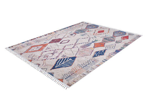 Bild 1 in Galerieansicht laden. The Rainbow Rhapsody - Washable Rug (JR5060) is a rectangular cream rug with blue, orange, red, and purple geometric patterns and fringed edges on the short sides.