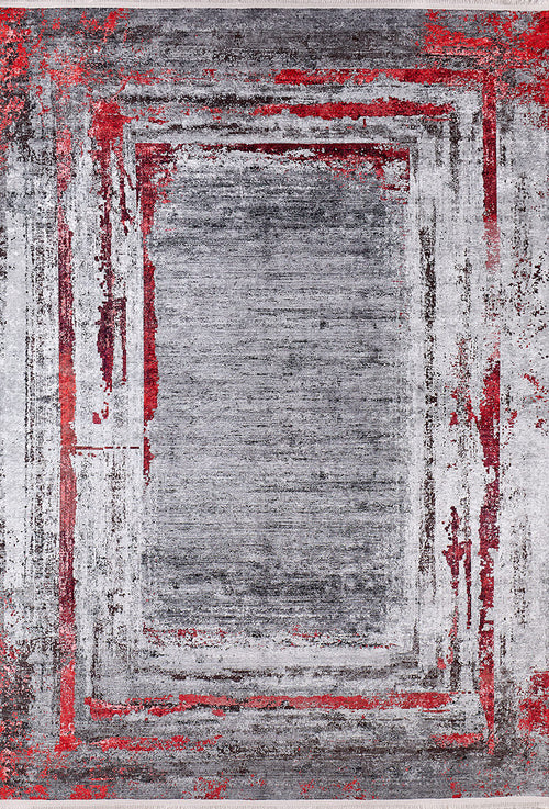 Load image 1 in gallery view. The Refined and Timeless - Washable Rug - JR1500 features a gray abstract design with layered rectangular frames and distressed red and black edges, offering a modern textured look that's perfect for high-traffic areas.