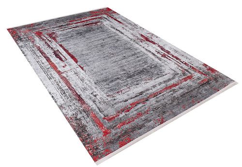Load image 1 in gallery view. The Refined and Timeless - Washable Rug - JR1500 features a distressed rectangular design in gray, red, and white with layered patterns and a textured look—perfect for high-traffic spaces.