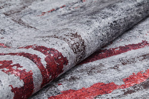 Load image 1 in gallery view. Close-up of the Refined and Timeless - Washable Rug - JR1500, featuring a soft, textured abstract design in gray, white, and red—washable for easy care and perfect for high-traffic or allergy-sensitive homes.
