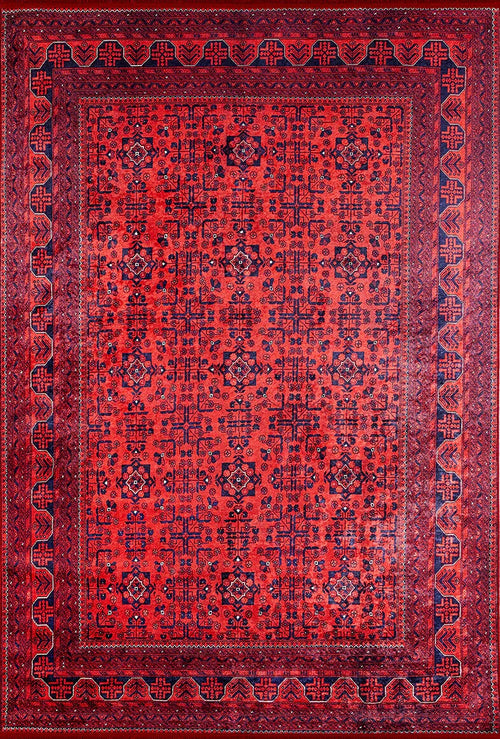 Load image 1 in gallery view. The Regal Accents - Washable Rug - JR36 is a rectangular red rug with intricate dark blue and black geometric patterns, multiple borders, and a detailed central field—ideal for high-traffic areas.