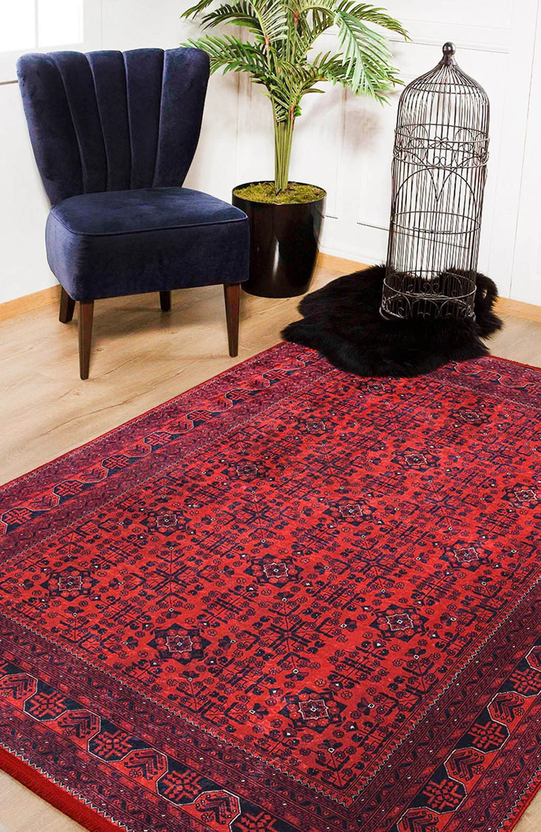 The Regal Accents - Washable Rug - JR36 in bold red brightens a cozy corner, set on a wooden floor next to a dark blue velvet chair, green potted plant, and an empty black metal birdcage atop a black fur rug.