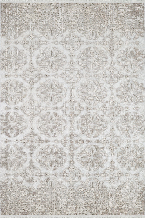 Load image 1 in gallery view. The Regal Embellishment - Washable Rug (JR1590) is a rectangular flat weave rug with light grey and beige tones, showcasing an ornate symmetrical pattern with intricate, faded floral and geometric designs.