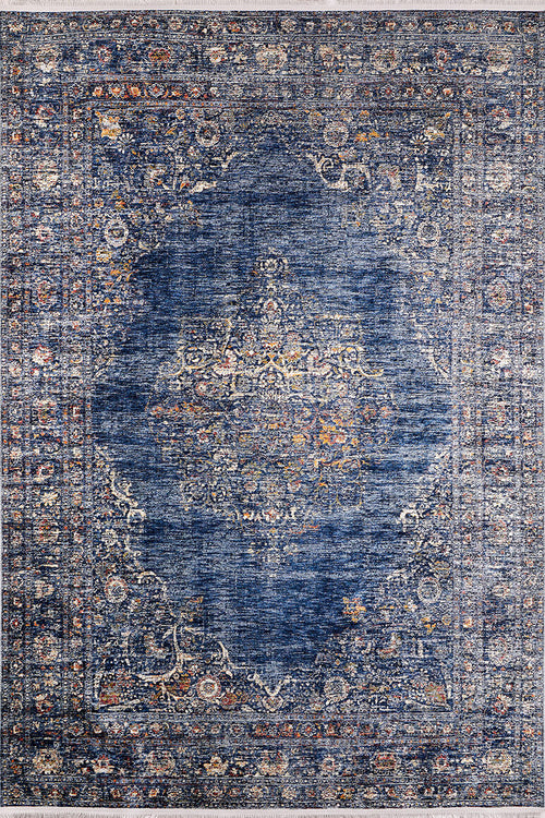 Load image 1 in gallery view. The Regal Splendor - Washable Rug - JR1017 is a large blue rug with intricate floral and paisley designs, beige, gold, and red accents, a detailed medallion, and ornate borders—ideal for high-traffic areas in your home.