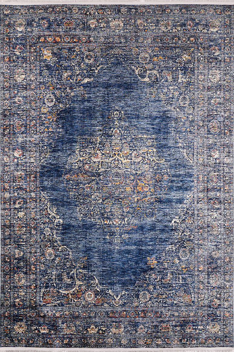 The Regal Splendor - Washable Rug - JR1017 is a large blue rug with intricate floral and paisley designs, beige, gold, and red accents, a detailed medallion, and ornate borders—ideal for high-traffic areas in your home.