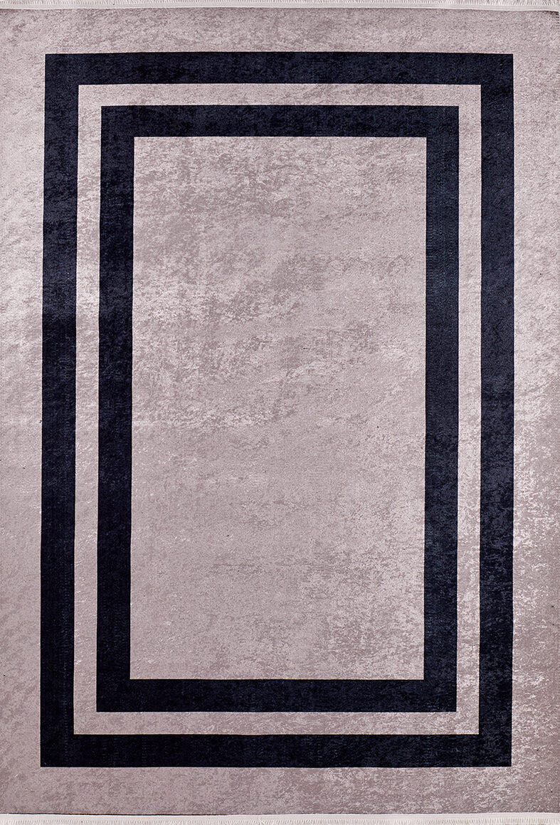 The Regal Trellis - Washable Rug - JR601 features a light gray background with two bold black rectangular borders, forming a modern geometric pattern that's perfect for allergy-sensitive homes.