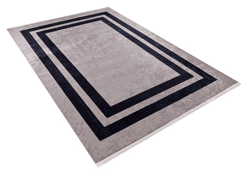 Bild 1 in Galerieansicht laden. The Regal Trellis - Washable Rug - JR601 is a rectangular gray rug with two bold dark borders, ideal for allergy-sensitive homes and shown on a white background.