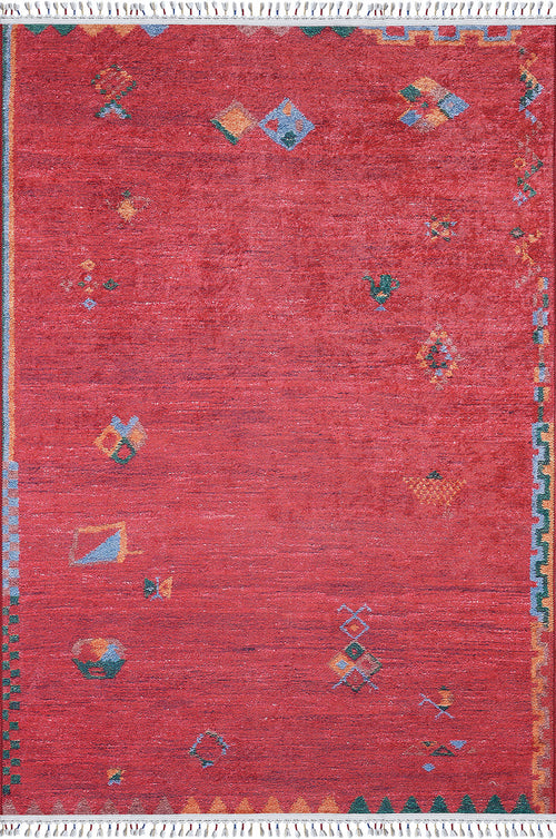 Load image 1 in gallery view. The Rosy Blush machine-washable rug (JRS5067) is a rectangular red design with minimal, asymmetrical yellow, blue, and green geometric patterns, fringed edges, and a narrow multicolored border—stylish, durable, and easy to maintain.