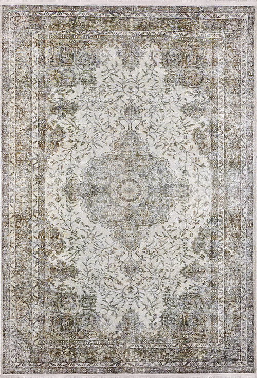 Load image 1 in gallery view. The Royal Legacy - Washable Rug - JR207 features an intricate floral and vine pattern in muted beige, gray, and olive green with a central medallion and detailed border—ideal for high-traffic areas.